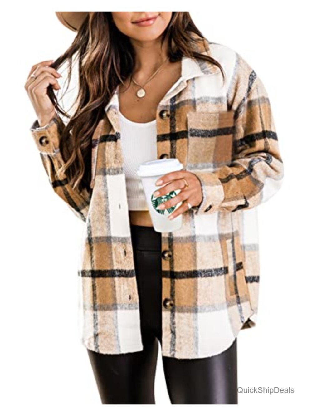 Women's Plaid Shacket Jacket Long Sleeve Button Down Flannel Shirts Polyester